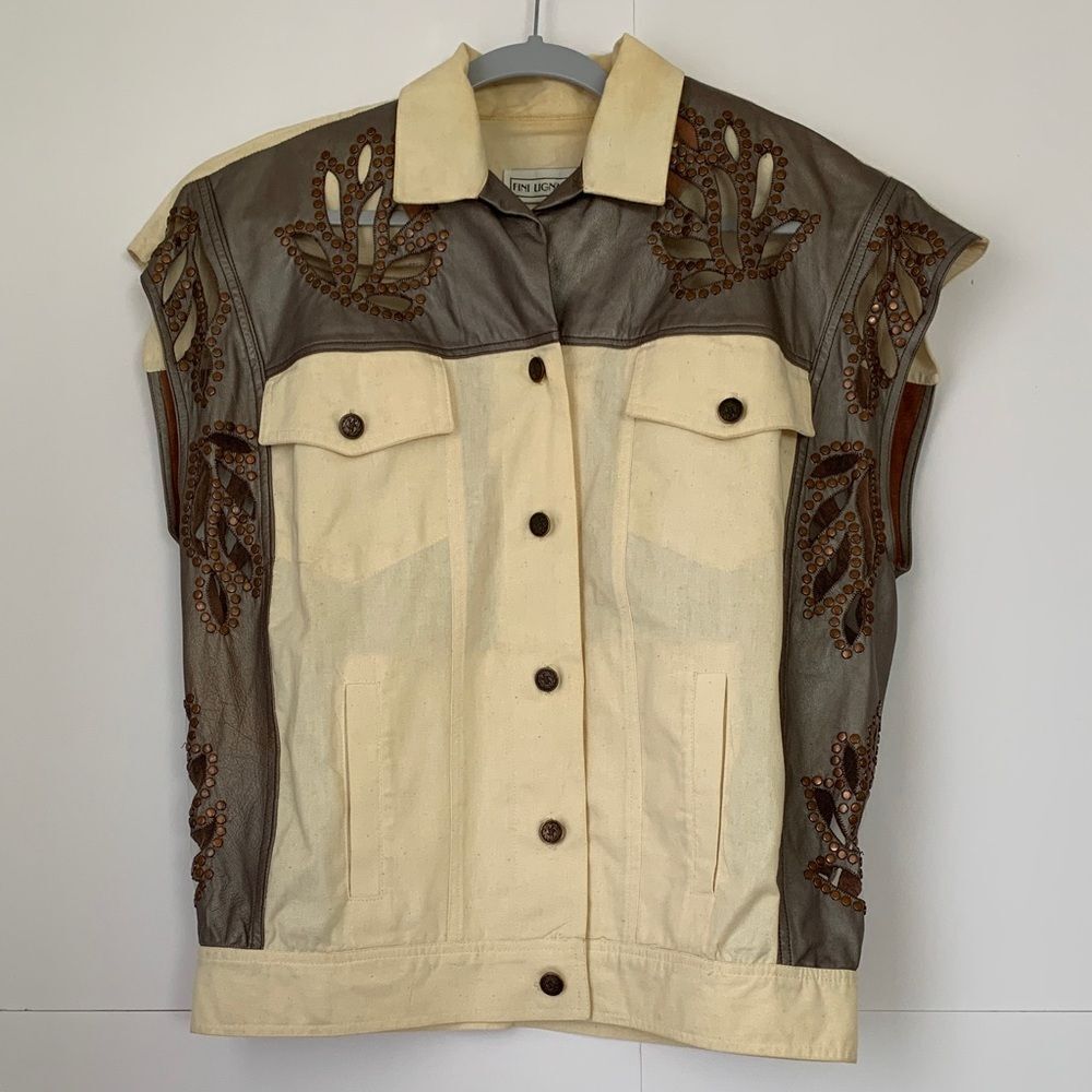 Fini Lignarolo Women Cream and Brown Embellished Vest with Rivets Size 6